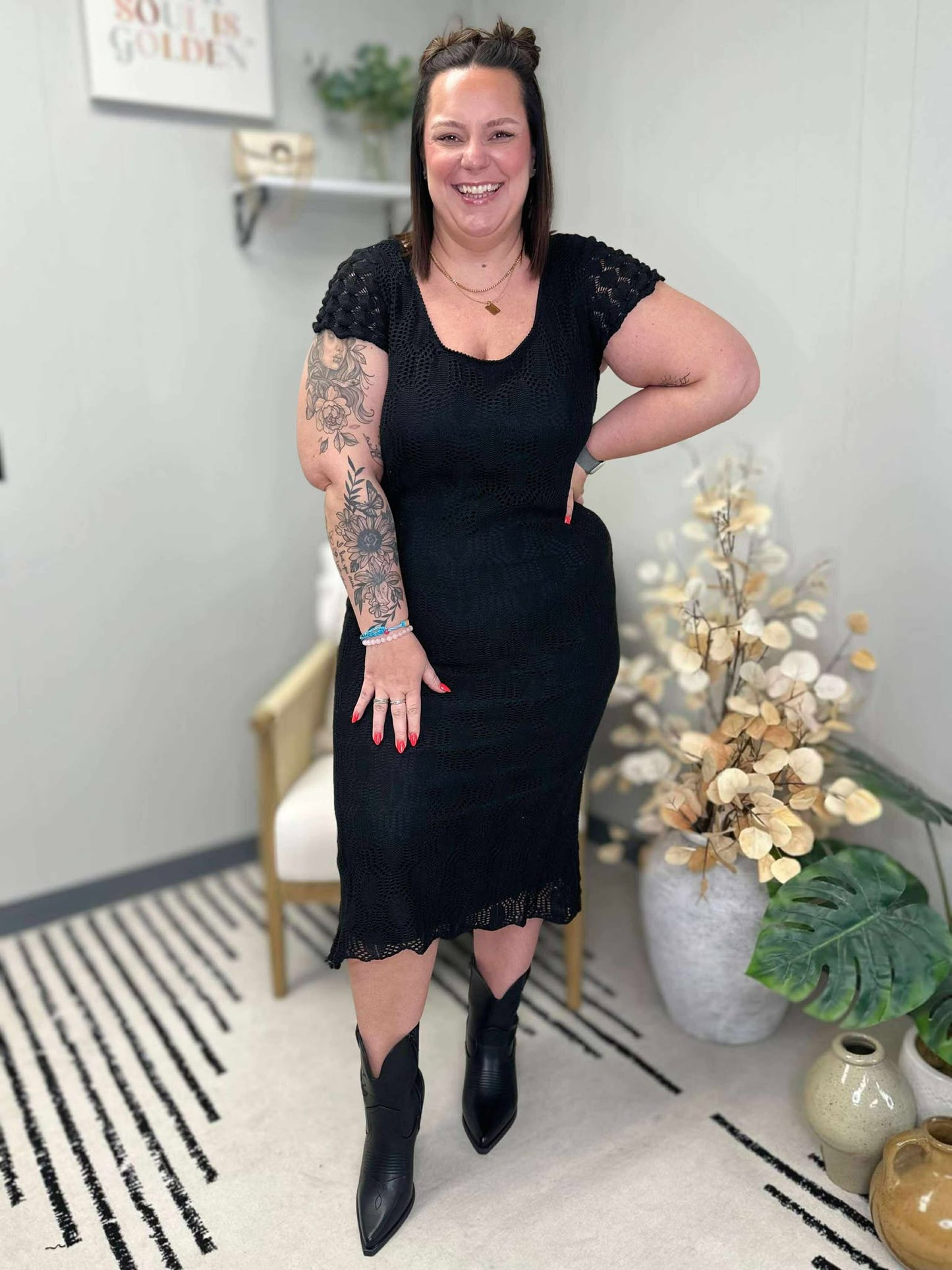On the Town Lace Scoop Neck Dress in Black