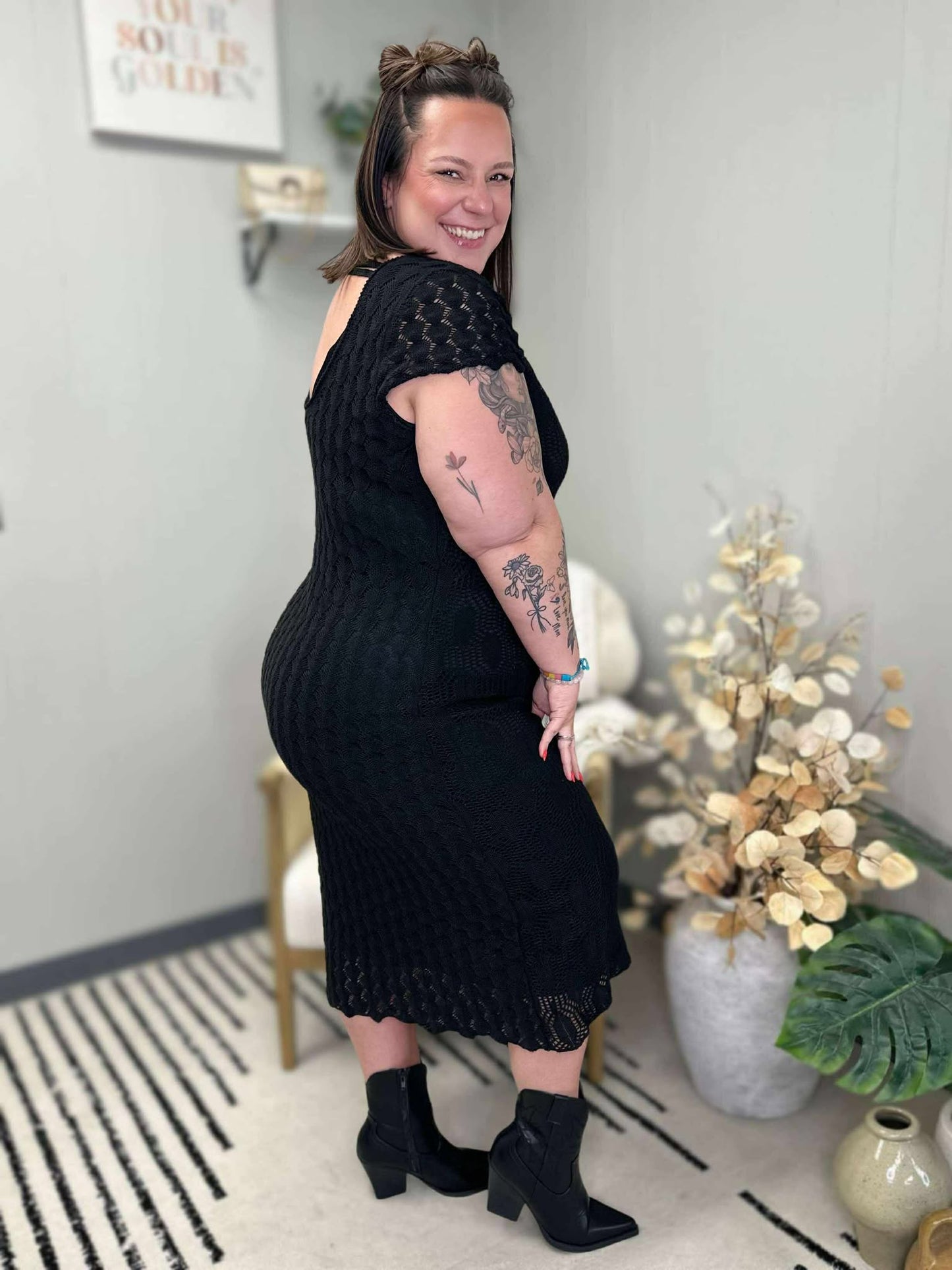 On the Town Lace Scoop Neck Dress in Black