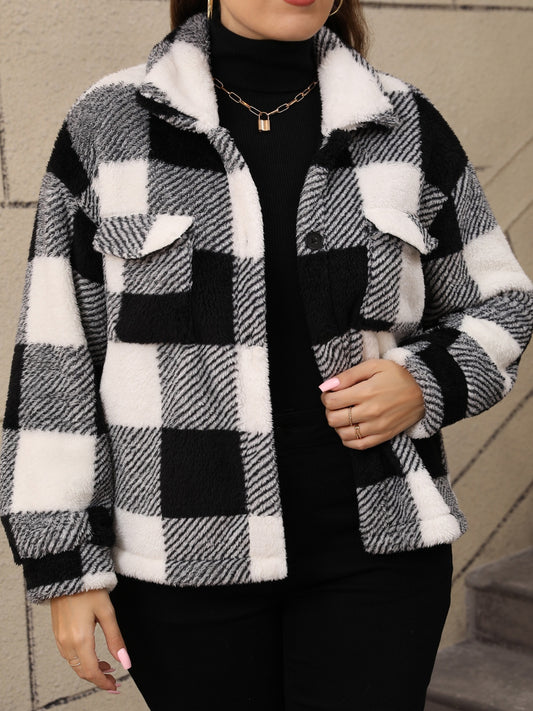 PREORDER - Classic Comfort Pocketed Plaid Collared Neck Jacket (PLUS)