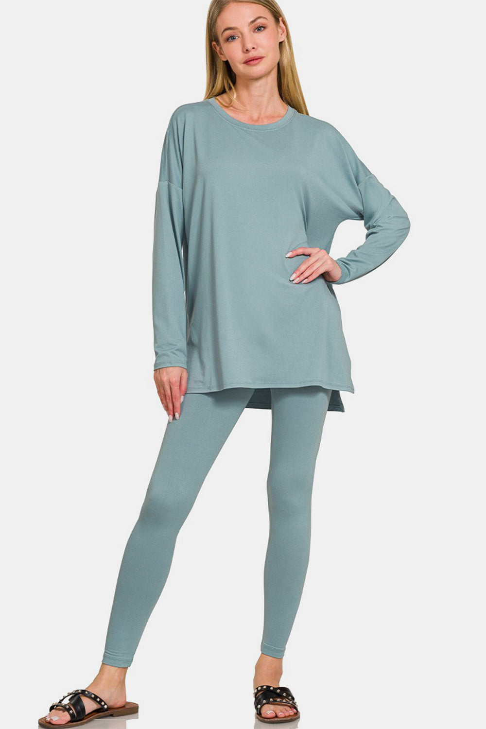 Nighty Night Long Sleeve Top and Leggings Lounge Set In Blue Grey