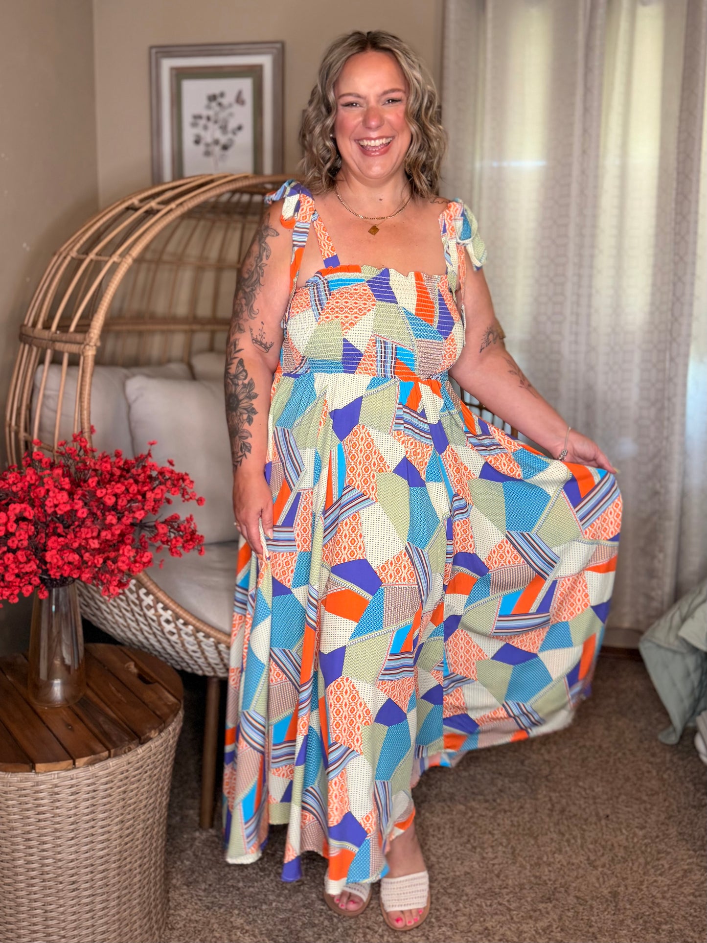 Paint Me Pretty Square Neck Dress in Lime, Blue and Tangerine