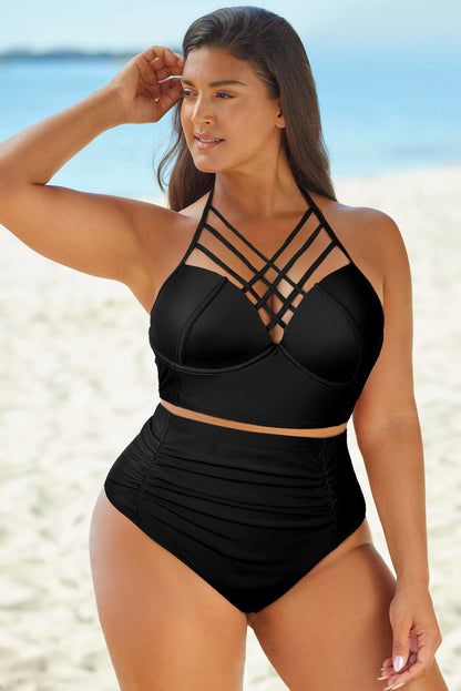 PREORDER: Halter Neck Crisscross Ruched Two-Piece Swimsuit