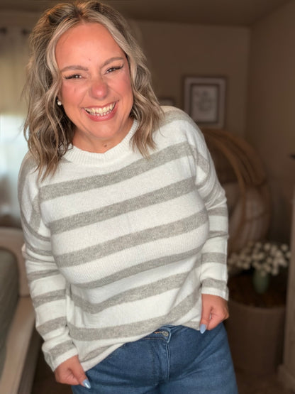 Michelle Mae Cozy Stripe Sweater - Grey and White
