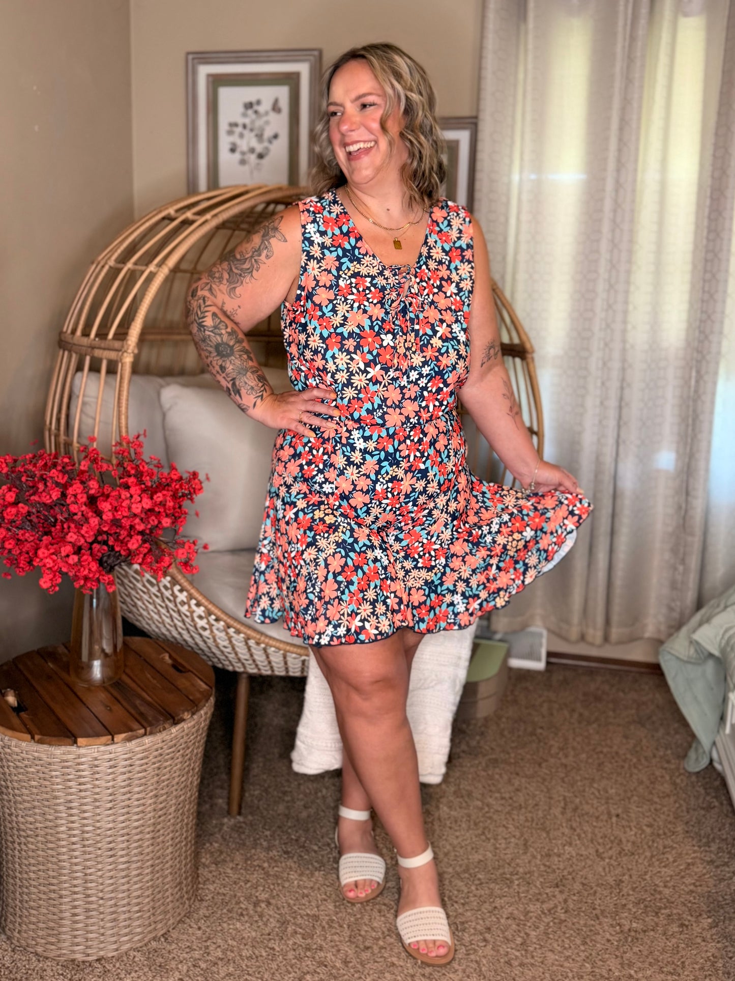 Meadow Mischief Sleeveless Romper in Navy/Orange/Teal