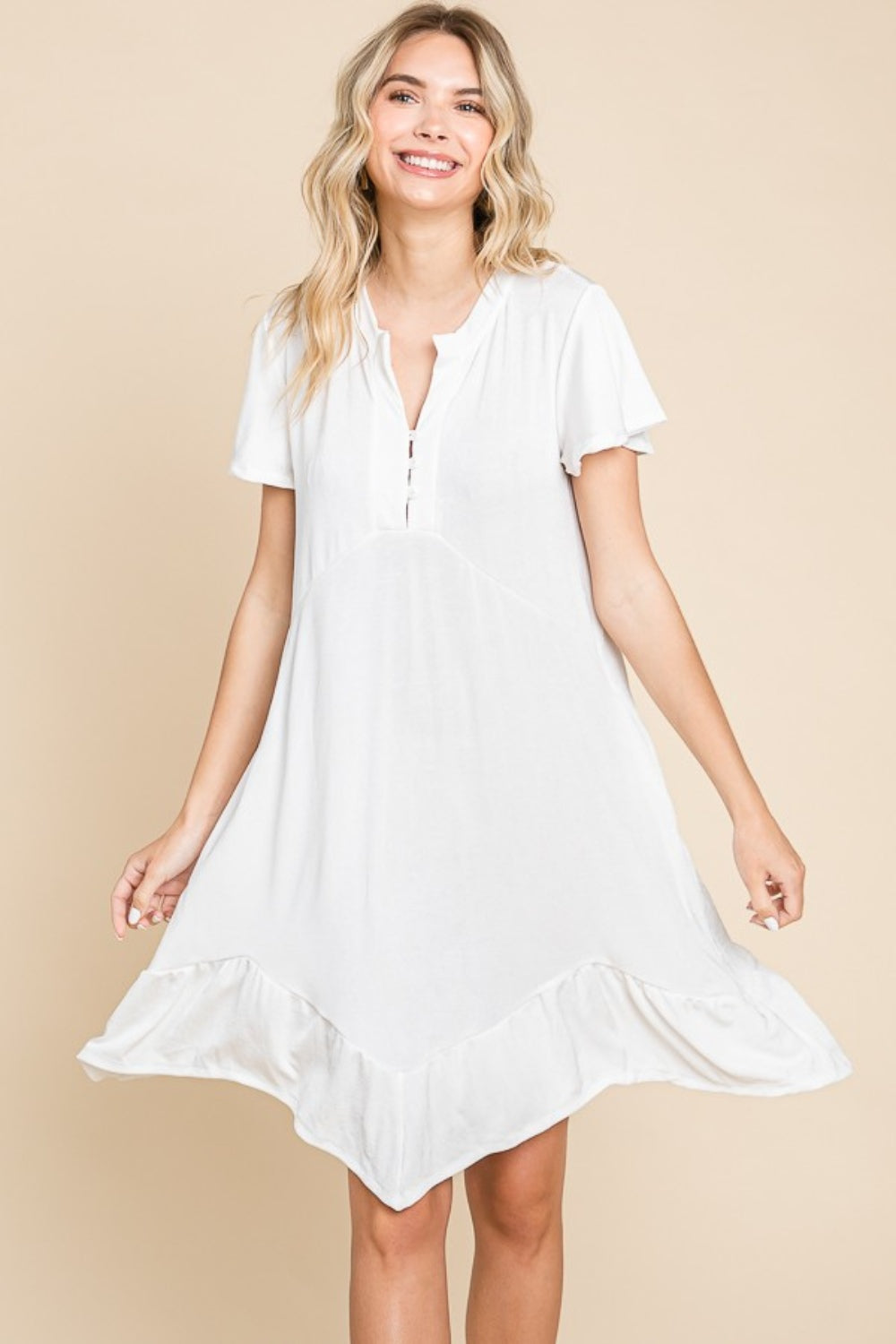 A Girl's Favorite Ruffled Asymmetric Hem Dress in Soft White