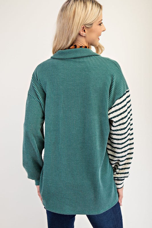 The Drop-Shoulder Stripes Shacket- Turquoise