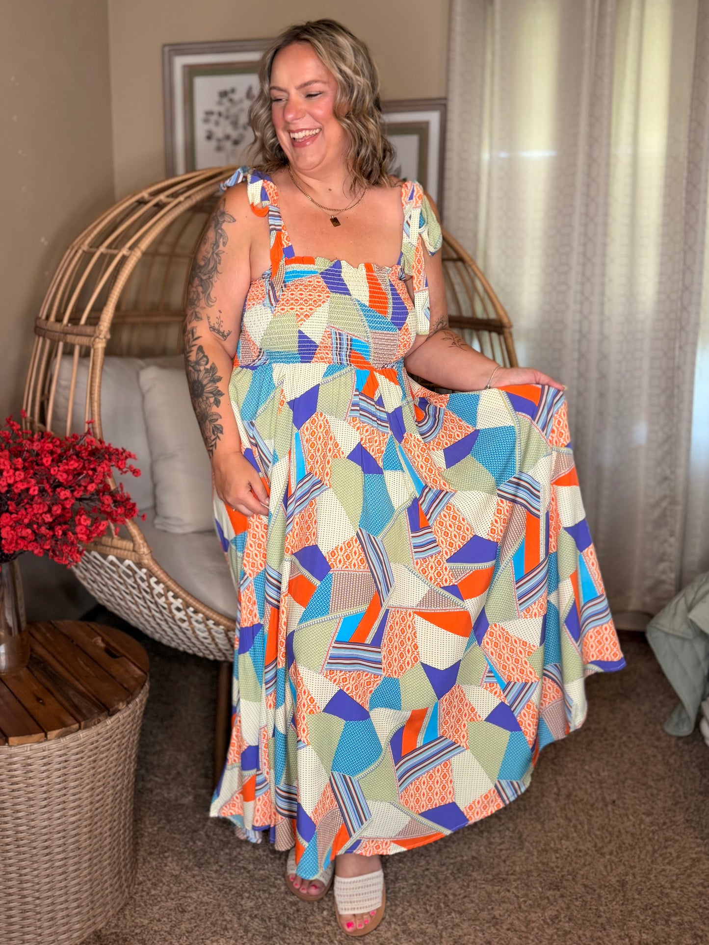 Paint Me Pretty Square Neck Dress in Lime, Blue and Tangerine