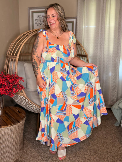 Paint Me Pretty Square Neck Dress in Lime, Blue and Tangerine