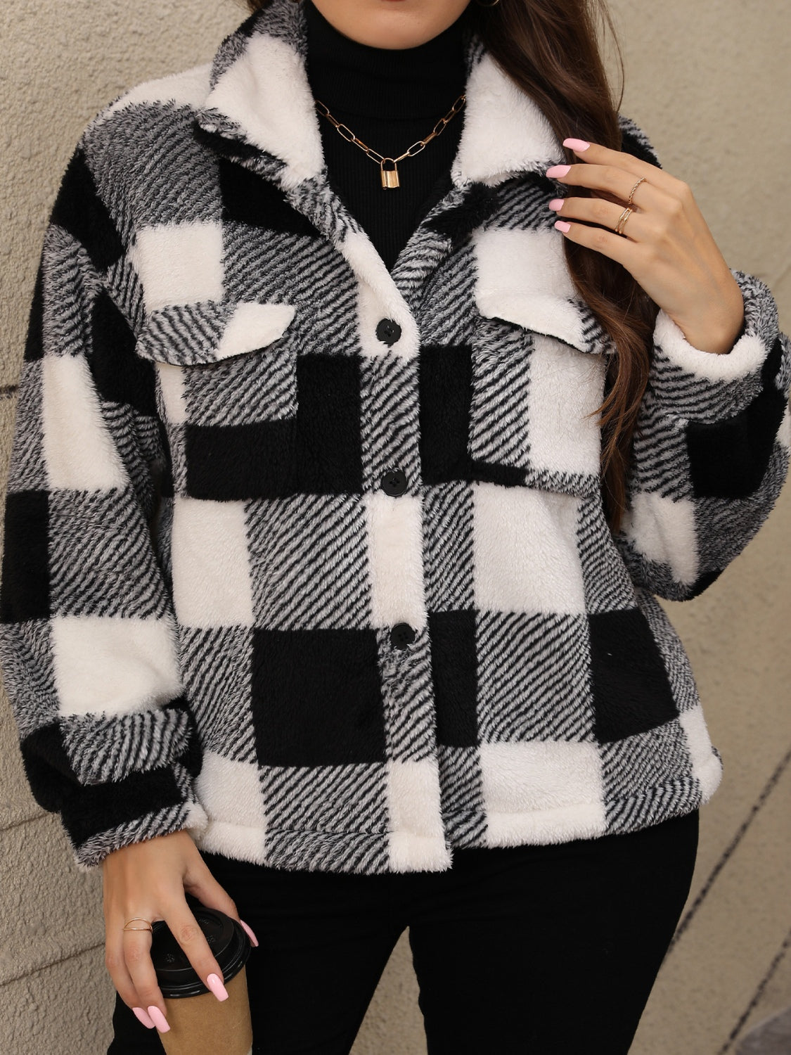 PREORDER - Classic Comfort Pocketed Plaid Collared Neck Jacket (PLUS)