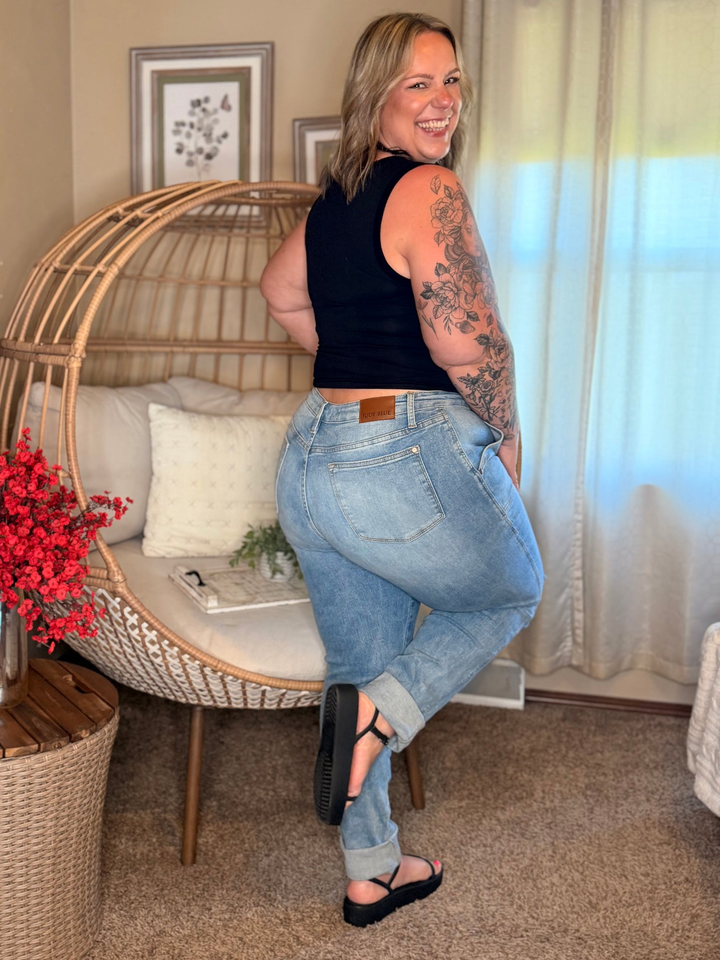 Aiden High Rise Patch Pocket Distressed Boyfriend Jeans