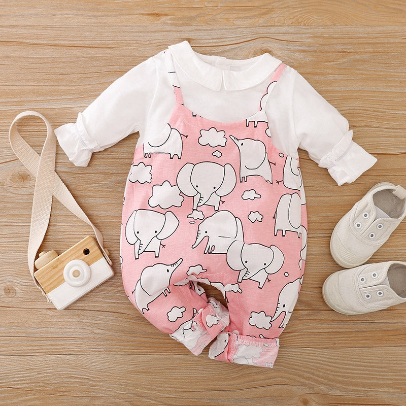 Young Girl Solid Color Shirt & Cartoon Graphic Overall Romper