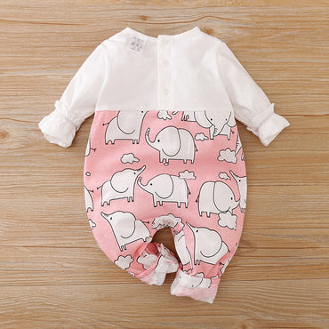 Young Girl Solid Color Shirt & Cartoon Graphic Overall Romper