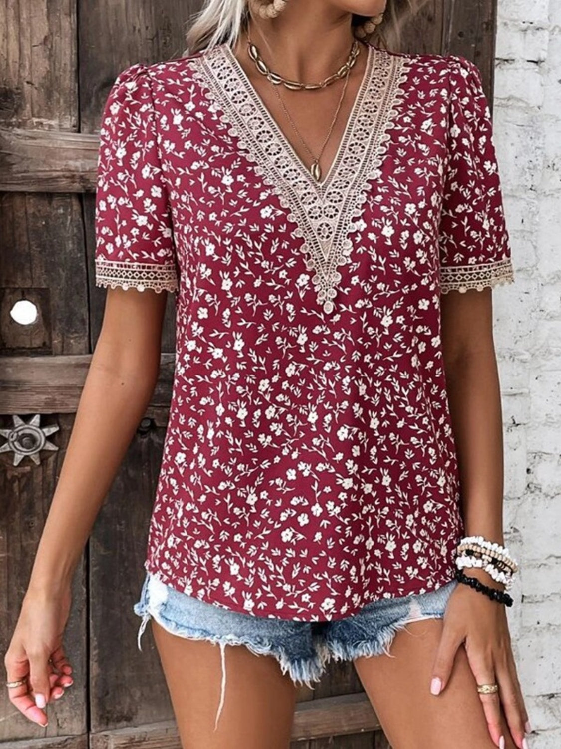 PREORDER: Full Size Printed V-Neck Short Sleeve Blouse