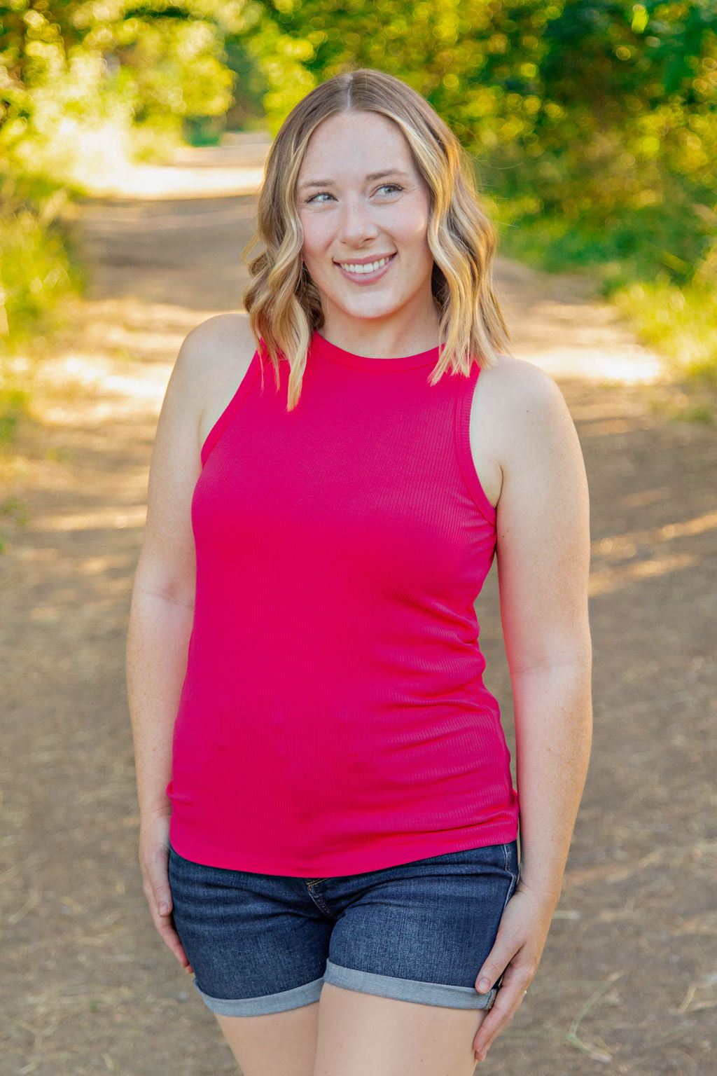 Michelle Mae Tara Ribbed Tank - Hot Pink