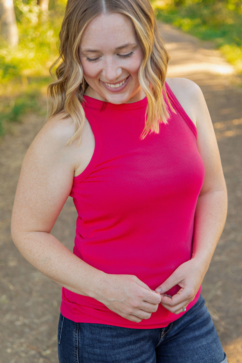 Michelle Mae Tara Ribbed Tank - Hot Pink