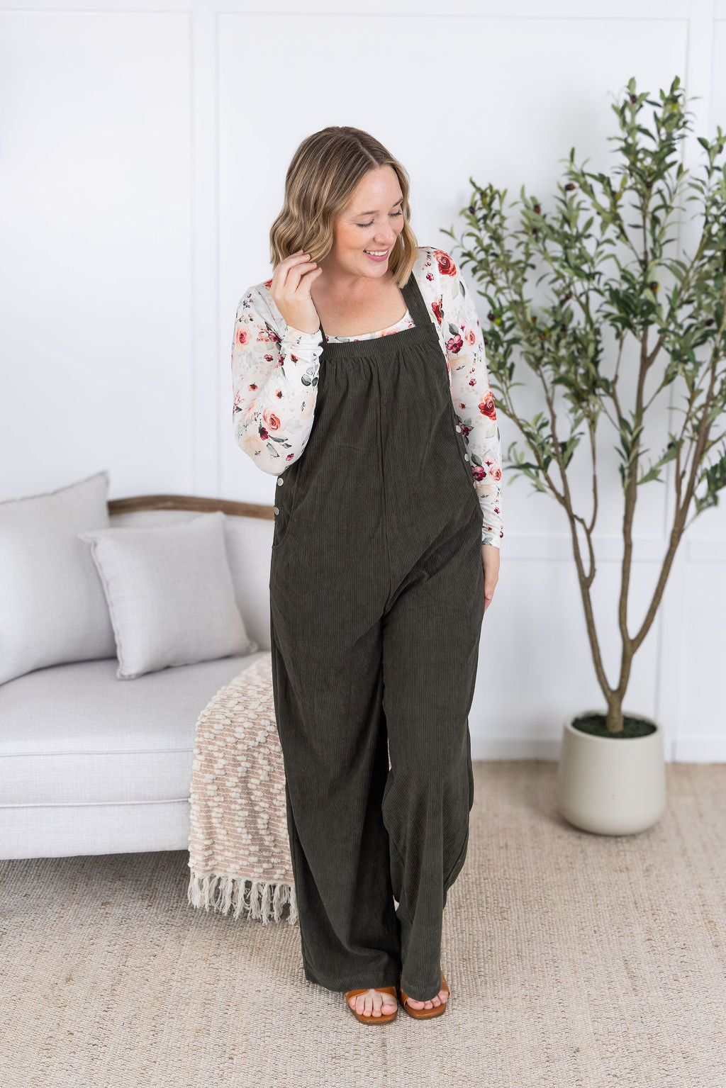 Michelle Mae Corduroy Overalls - Olive