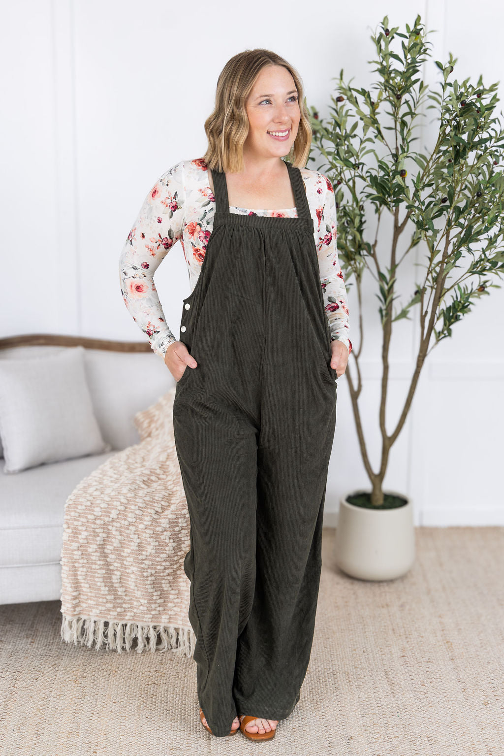 Michelle Mae Corduroy Overalls - Olive