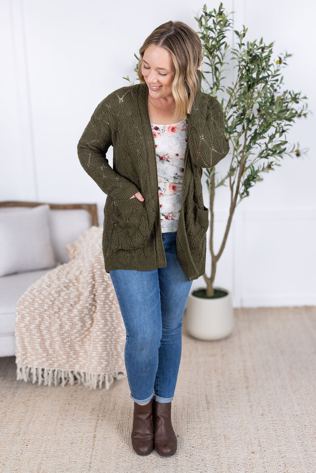 Michelle Mae Open Knit Cardigan - Olive