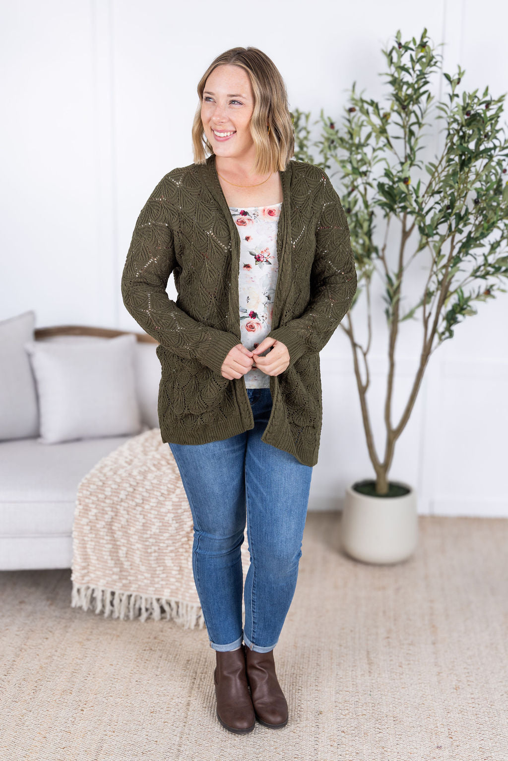 Michelle Mae Open Knit Cardigan - Olive