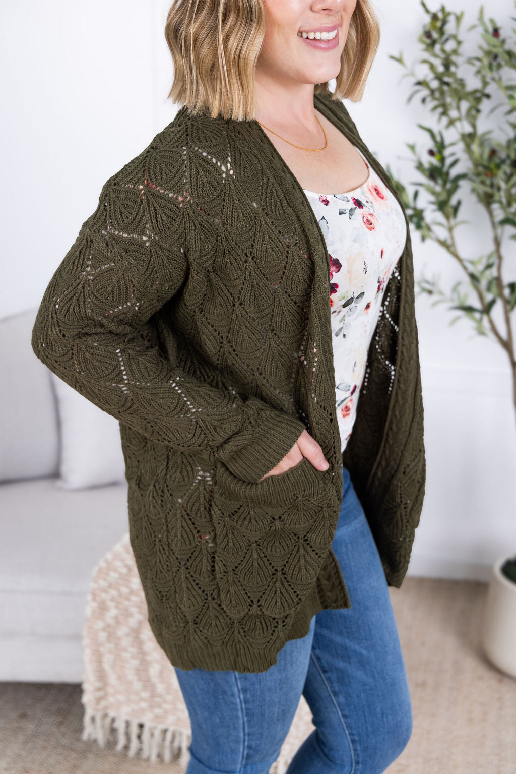 Michelle Mae Open Knit Cardigan - Olive