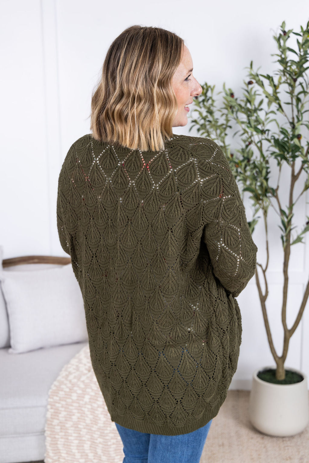 Michelle Mae Open Knit Cardigan - Olive