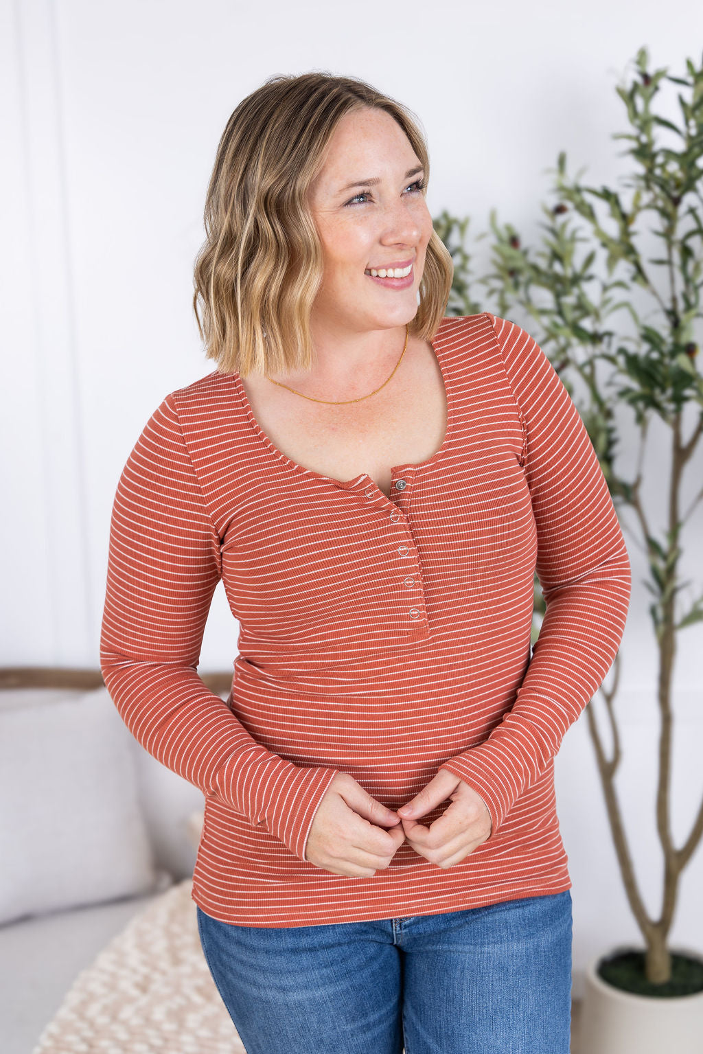 Michelle Mae Striped Henley Long Sleeve - Terra Cotta