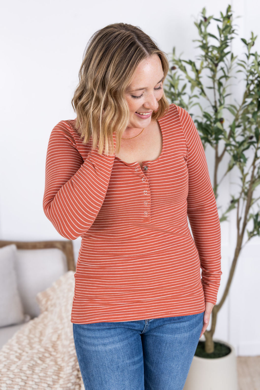 Michelle Mae Striped Henley Long Sleeve - Terra Cotta