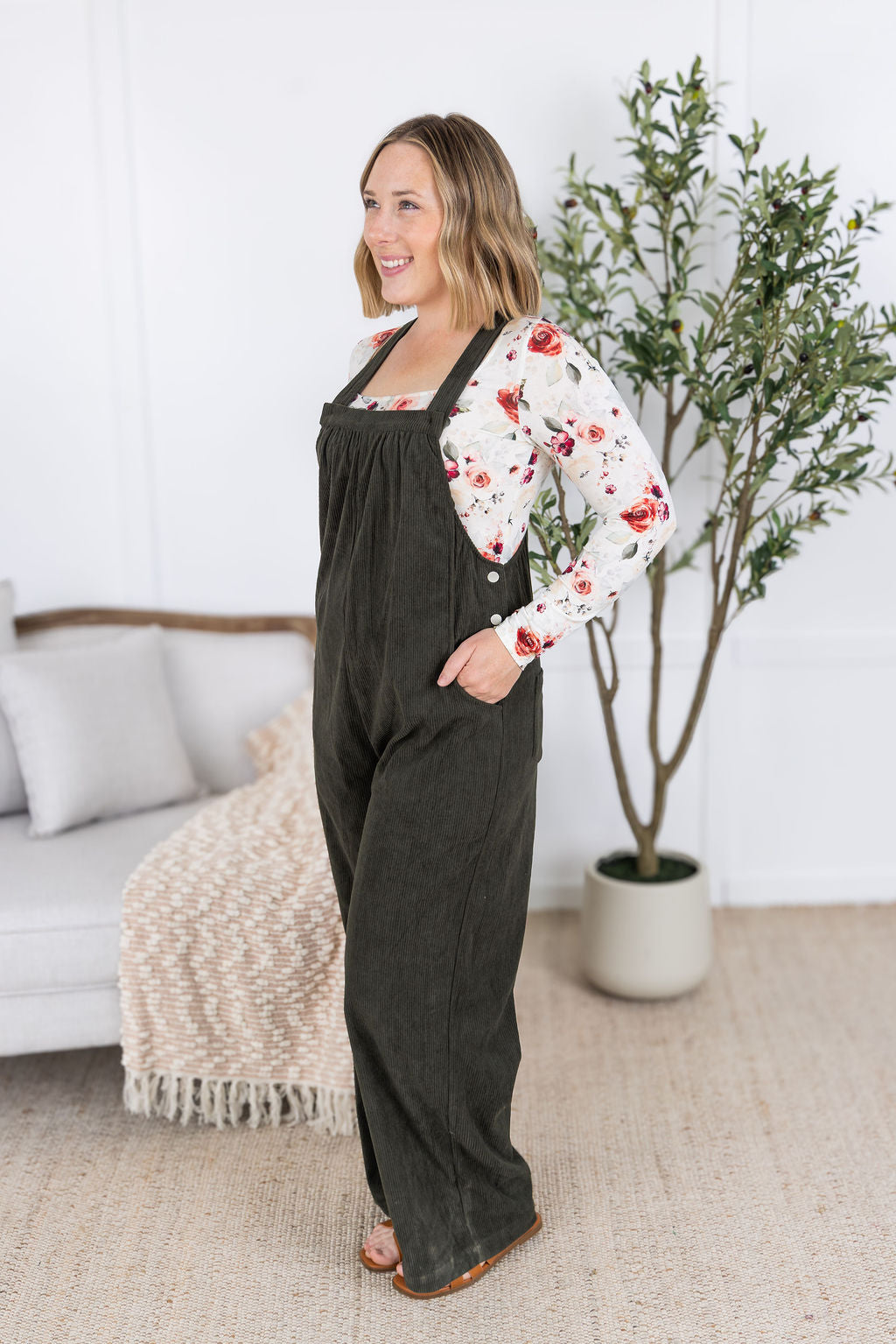 Michelle Mae Corduroy Overalls - Olive