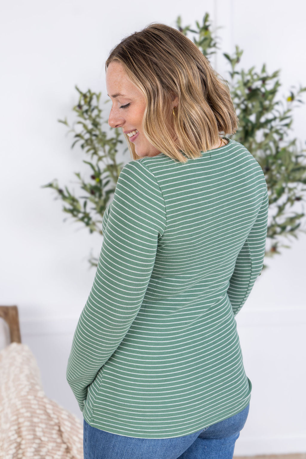 Michelle Mae Striped Henley Long Sleeve - Fern
