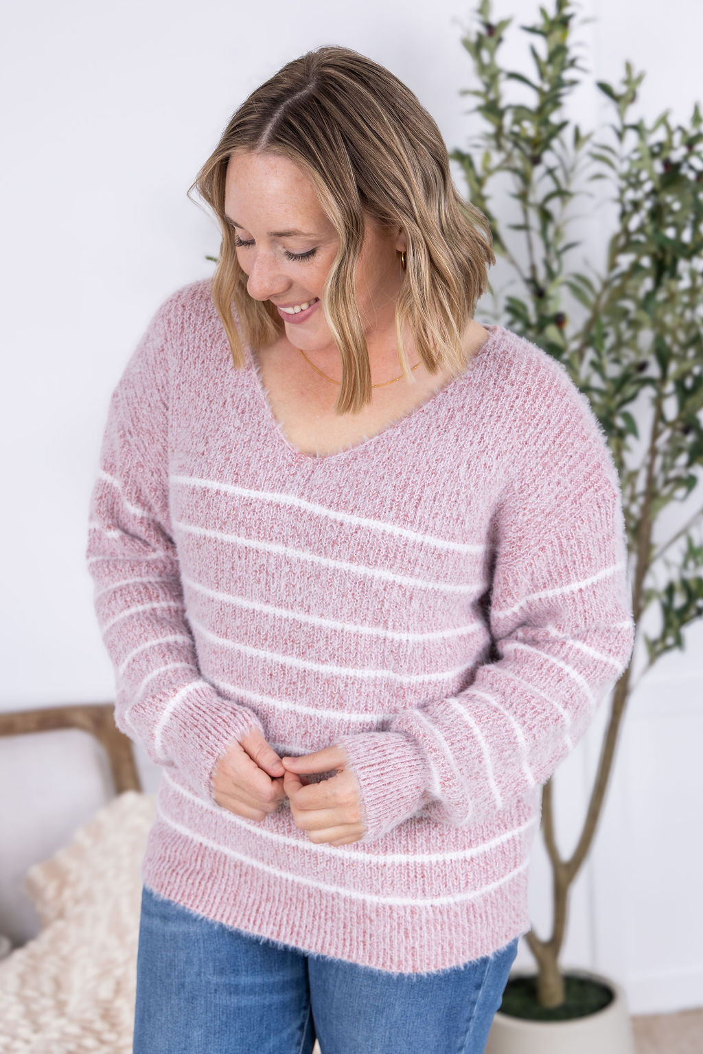 Michelle Mae Cozy Striped Sweater - Mauve