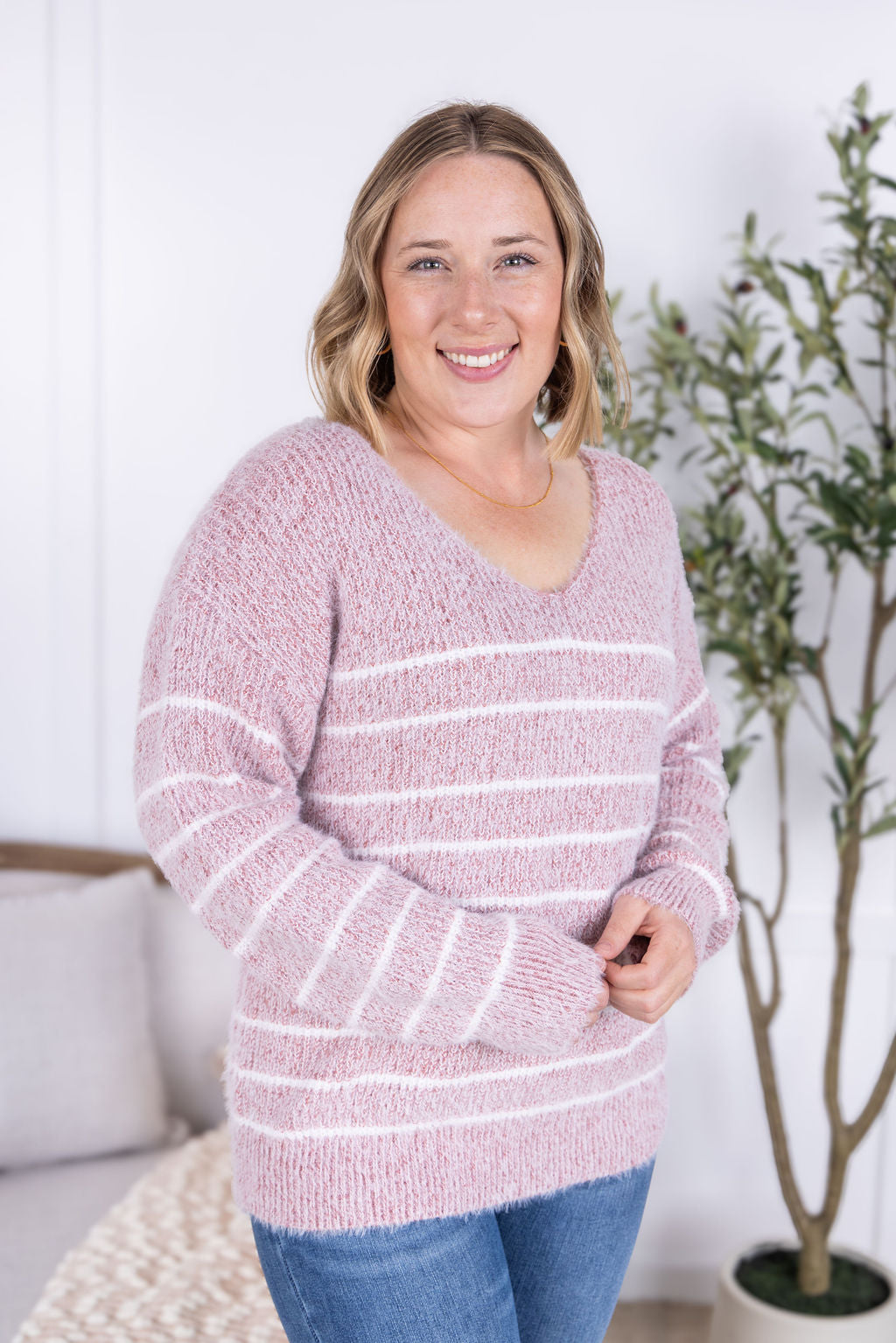 Michelle Mae Cozy Striped Sweater - Mauve