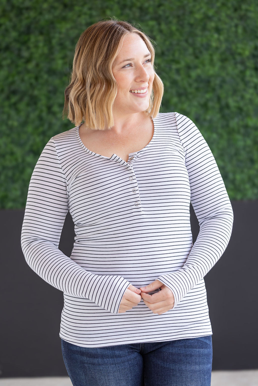 Michelle Mae Striped Henley Long Sleeve - White