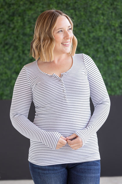 Michelle Mae Striped Henley Long Sleeve - White