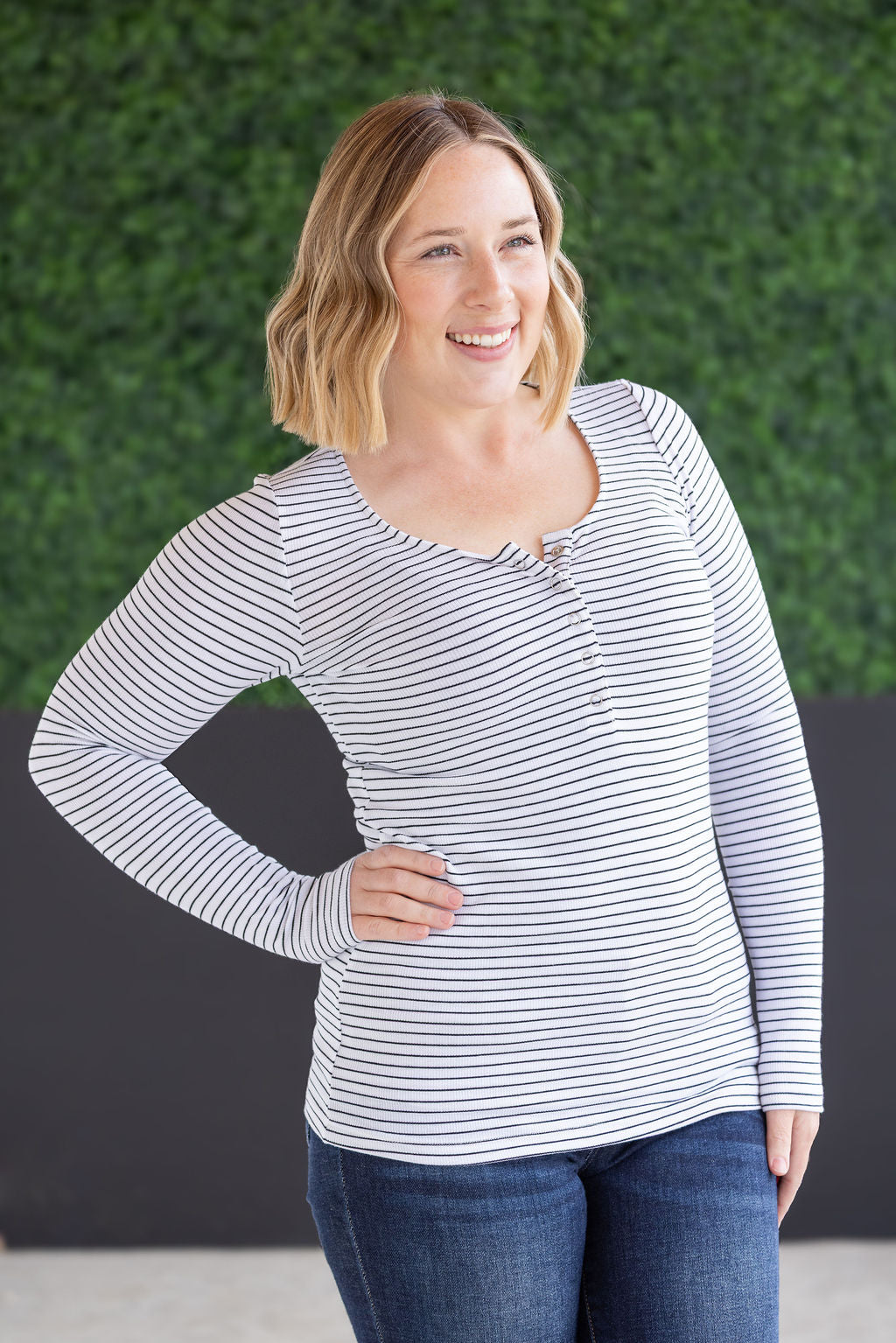 Michelle Mae Striped Henley Long Sleeve - White
