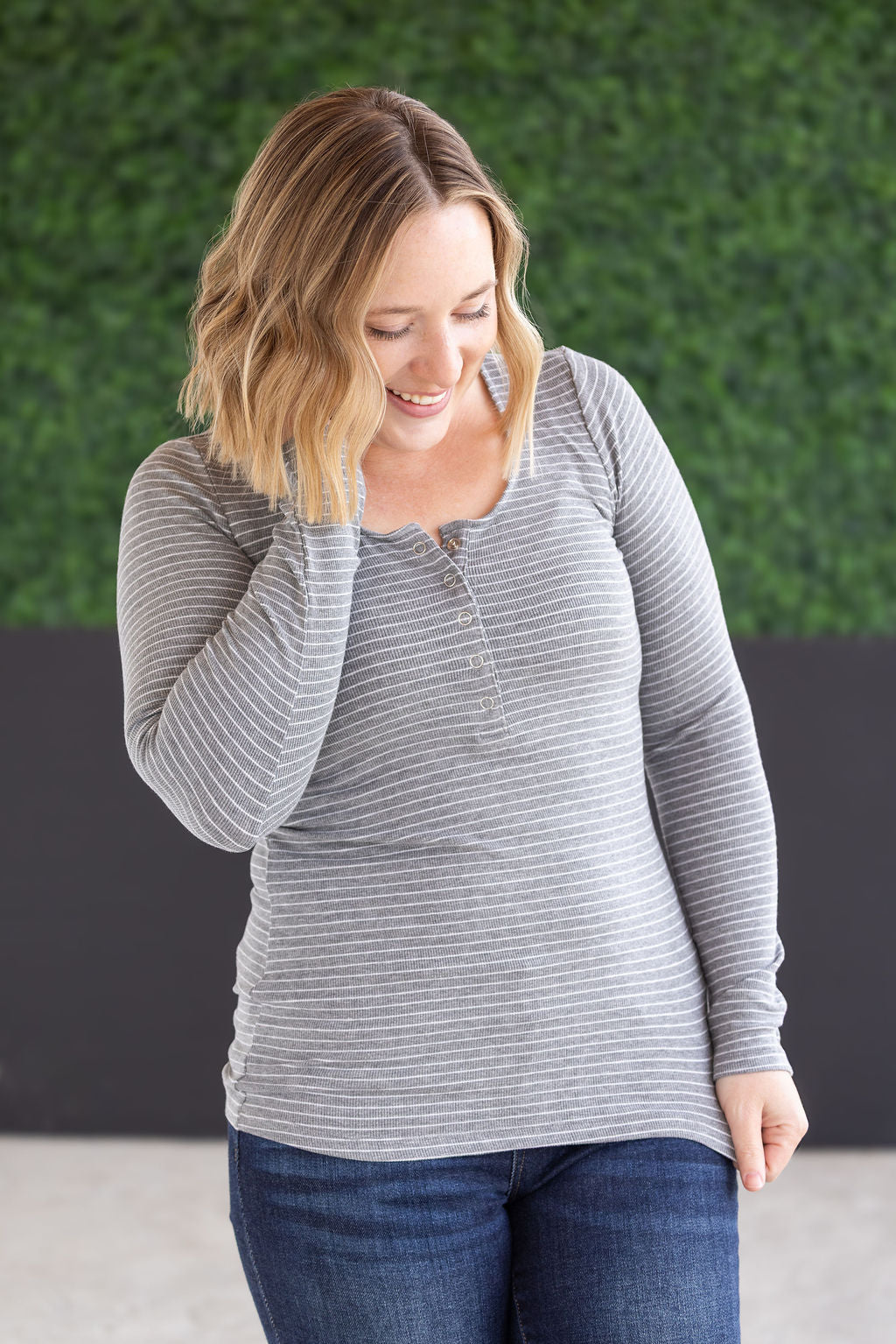 Michelle Mae Striped Henley Long Sleeve - Charcoal