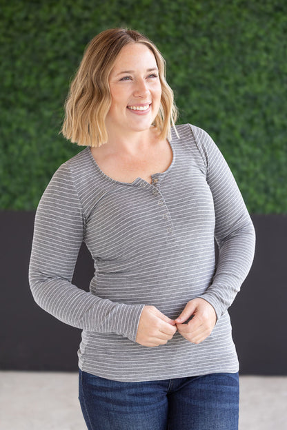 Michelle Mae Striped Henley Long Sleeve - Charcoal