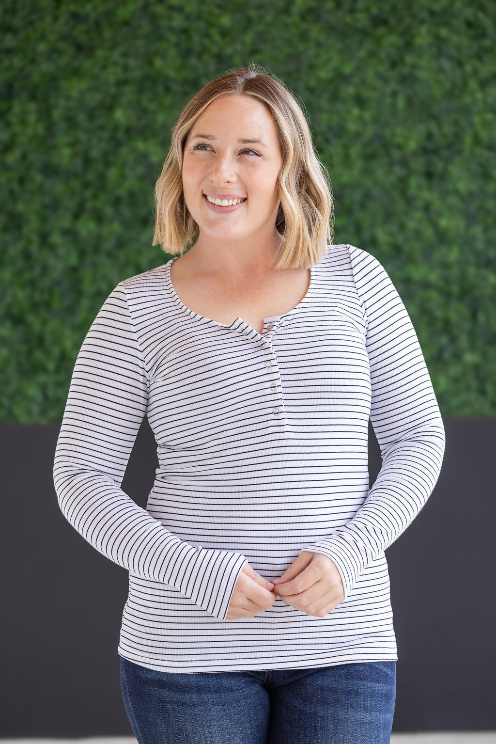 Michelle Mae Striped Henley Long Sleeve - White