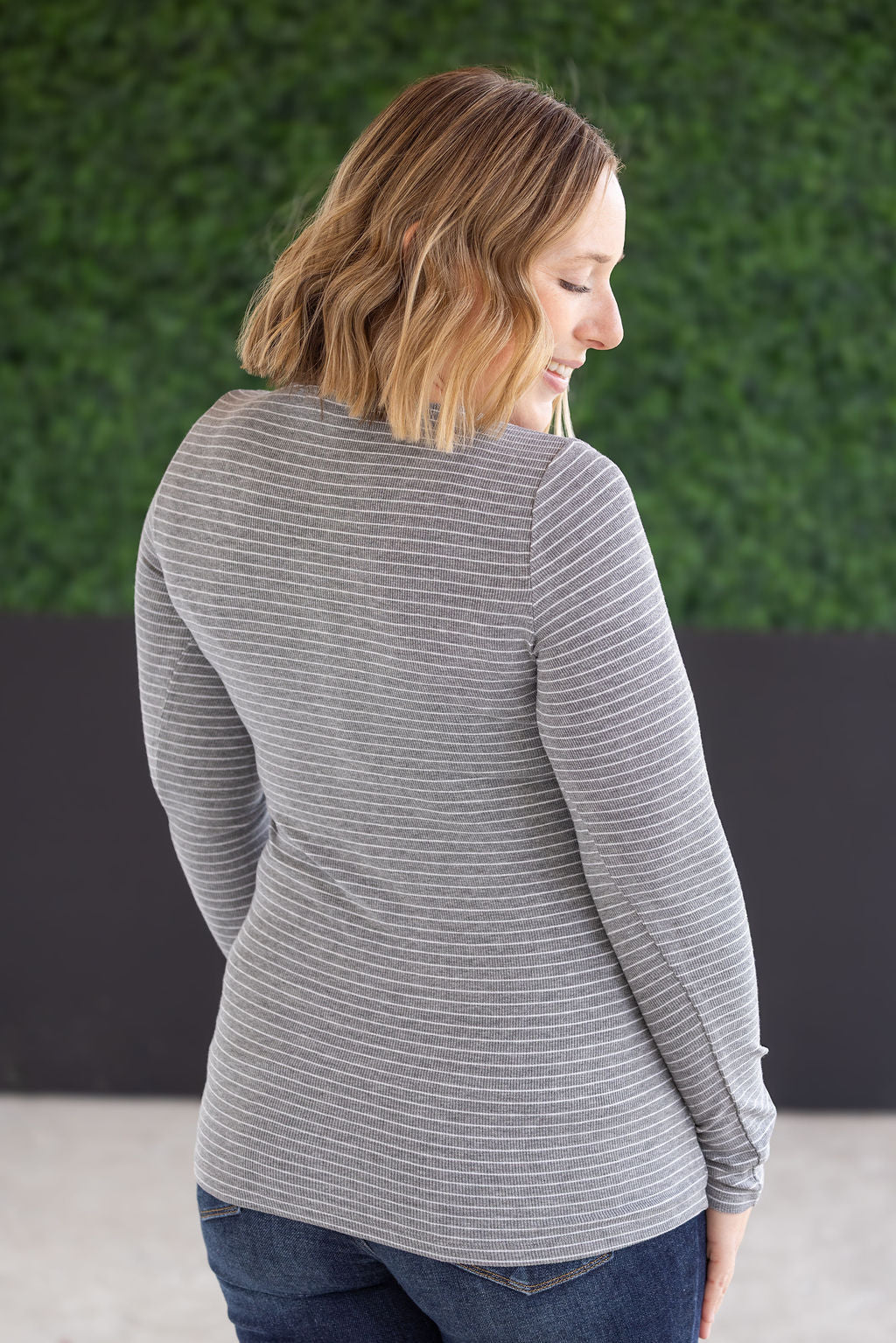 Michelle Mae Striped Henley Long Sleeve - Charcoal