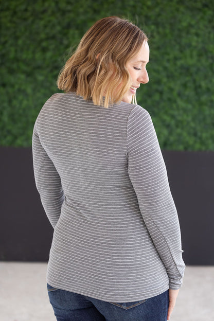 Michelle Mae Striped Henley Long Sleeve - Charcoal