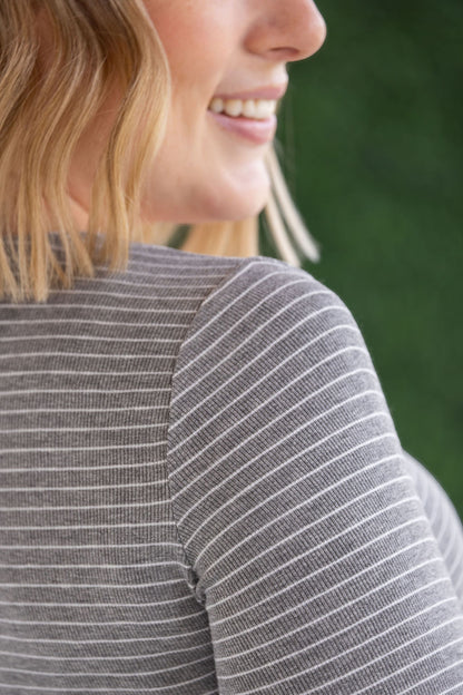 Michelle Mae Striped Henley Long Sleeve - Charcoal
