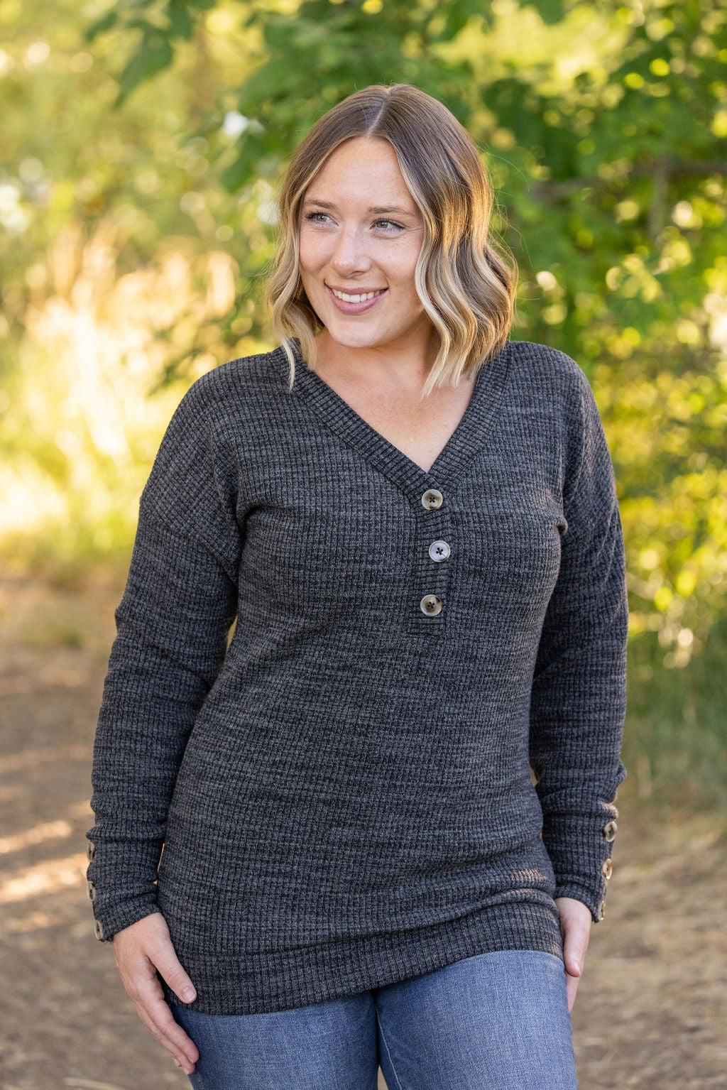 Michelle Mae Brittney Button Sweater - Charcoal