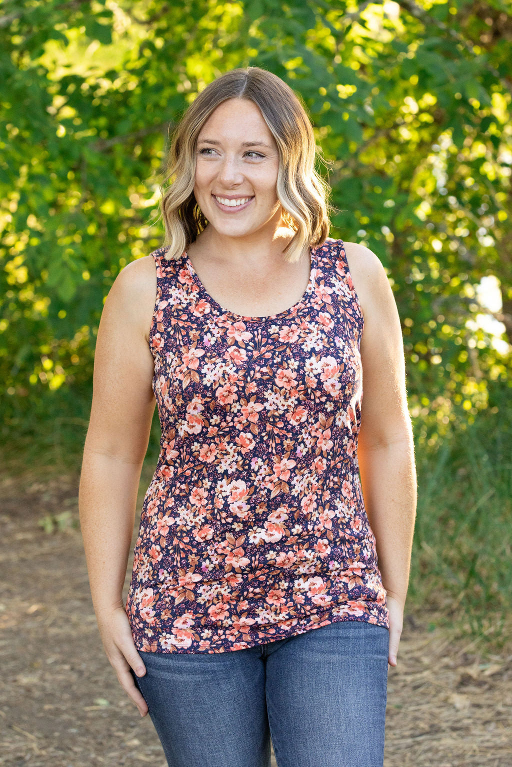 Michelle Mae Luxe Crew Tank - Navy Floral Mix