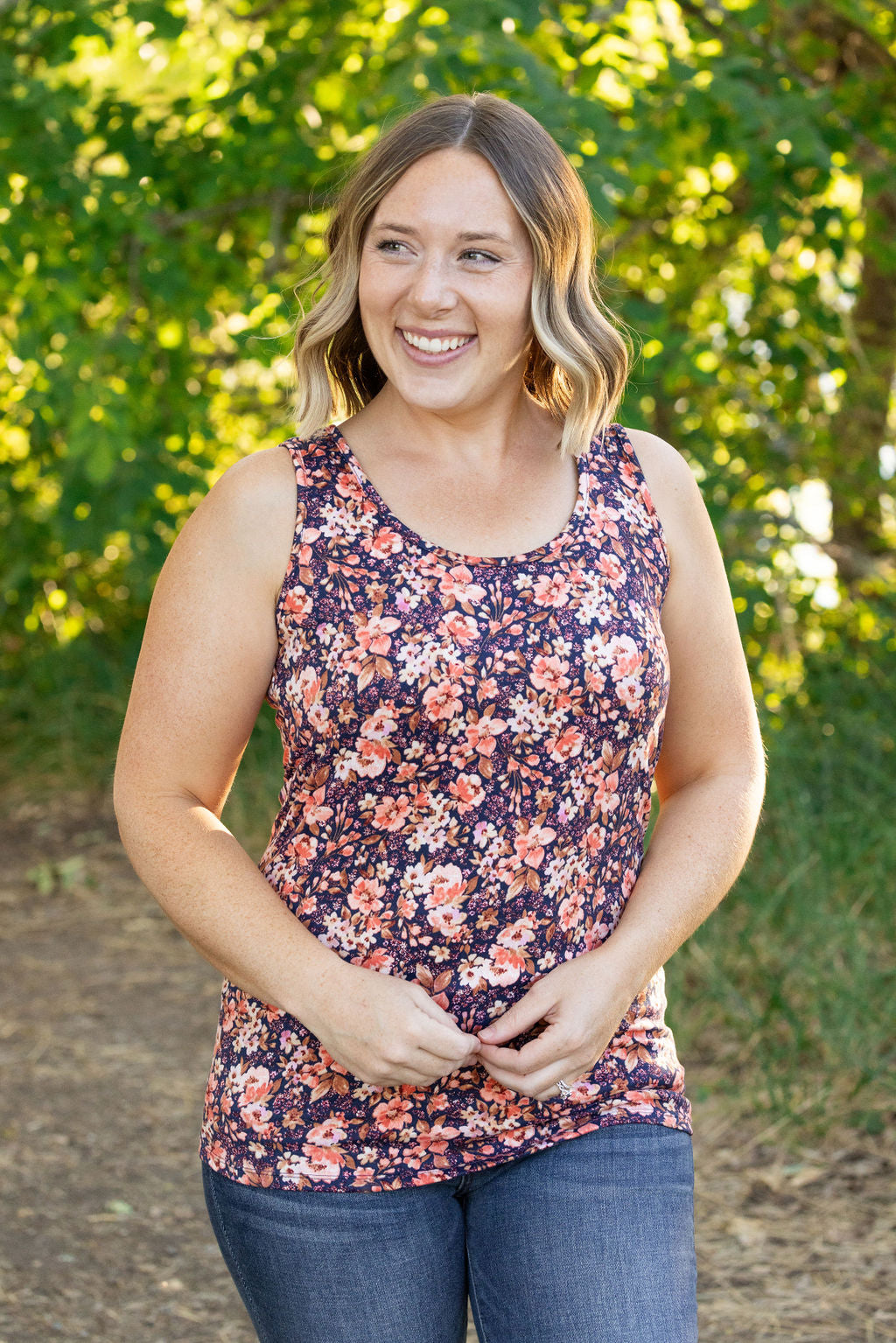 Michelle Mae Luxe Crew Tank - Navy Floral Mix