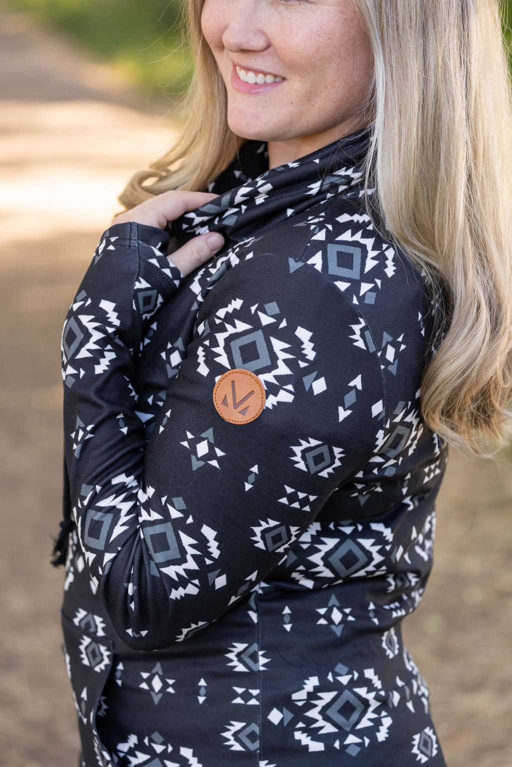 Michelle Mae Soft Funnel Neck - Black Geometric