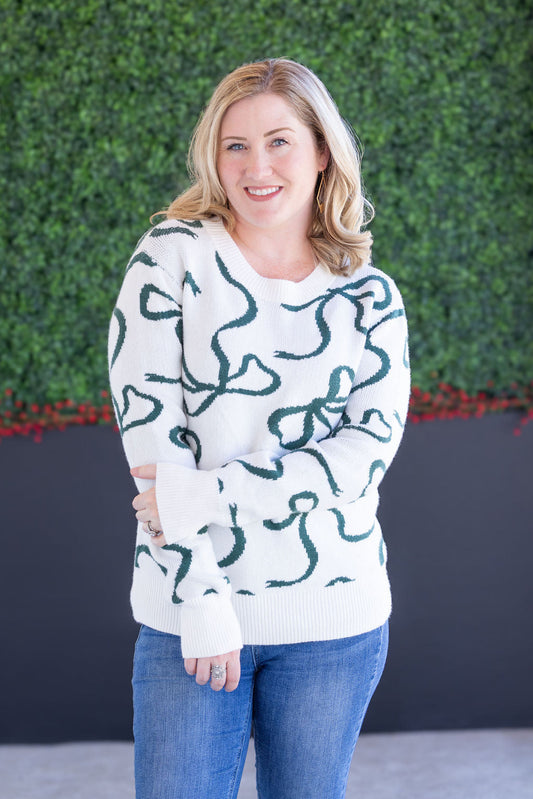 Michelle Mae Ribbons Sweater - Ivory and Hunter Green