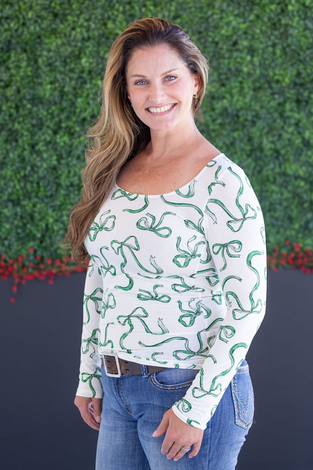 Michelle Mae Alyssa Long Sleeve Top - Green Ribbons