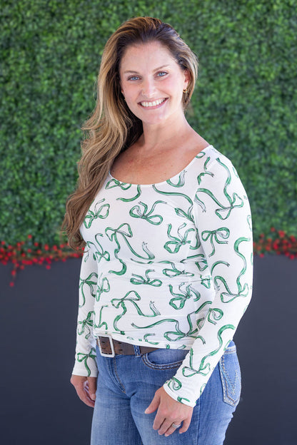 Michelle Mae Alyssa Long Sleeve Top - Green Ribbons