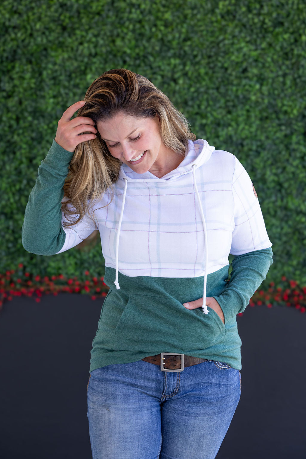 Michelle Mae Hailey Pullover Hoodie - Mint and Red Plaid and Evergreen