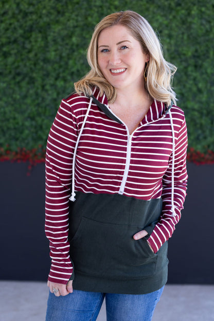 Michelle Mae Soft Classic HalfZip Hoodie - Evergreen and Burgundy Stripes