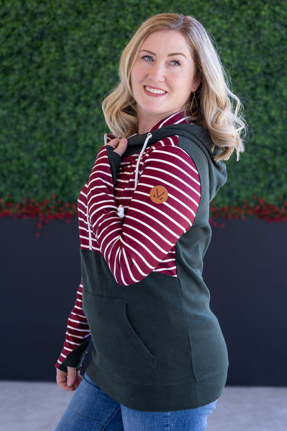Michelle Mae Soft Classic HalfZip Hoodie - Evergreen and Burgundy Stripes